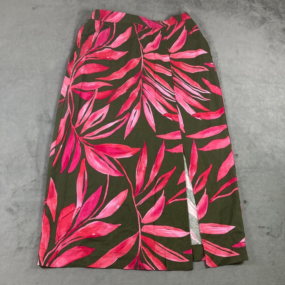 Time and Tru Womens Olive Pink Tropical Leaf Linen Blend Midi Skirt Size M 8-10
